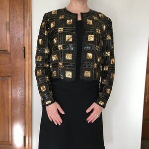 Gold and Black Sequin and Bead Evening Jacket Parisian Room Sz. M Formal Wear